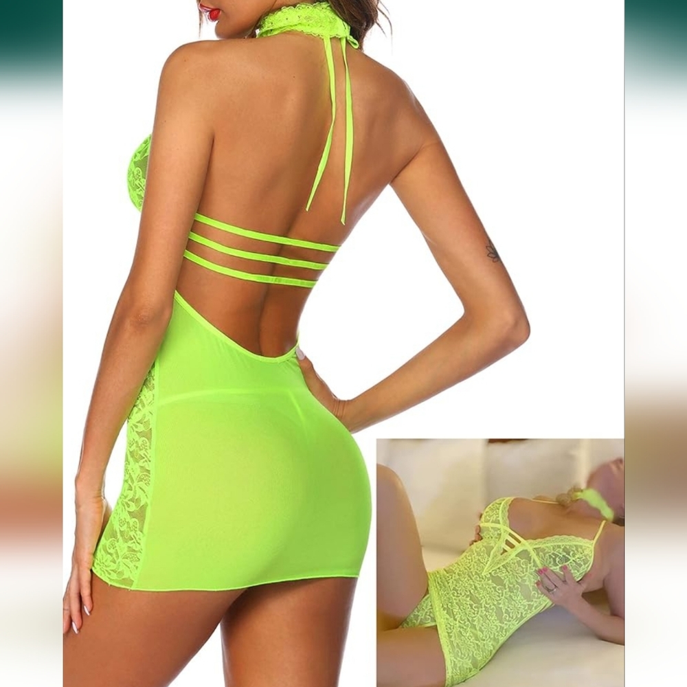Neon Babydoll Lingerie Lace Chemise Halter Nightwear Teddy Dress Size S NWT - Picture 9 of 9